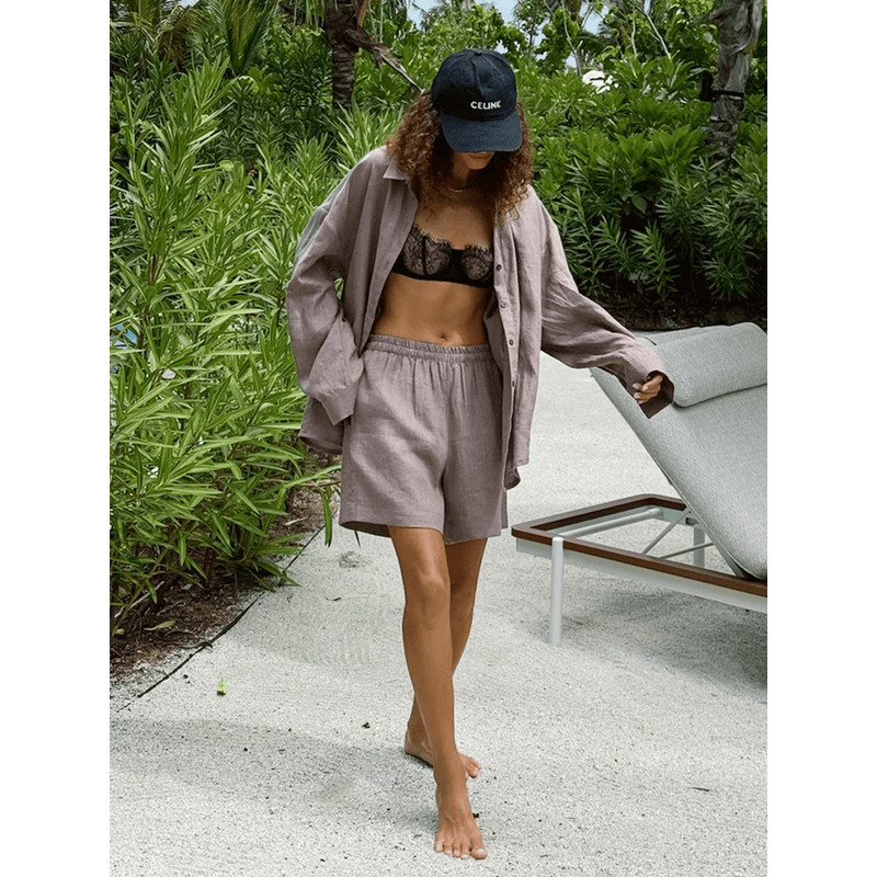 Womens Cotton Lounge Shorts Set TwoPiece Long Sleeve Summer Outfit 4