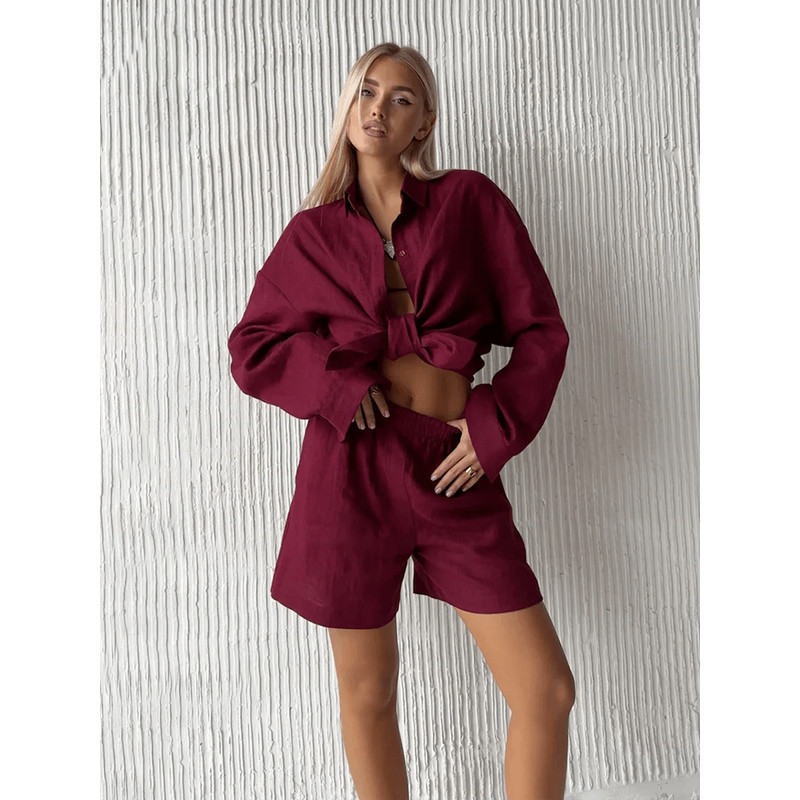 Womens Cotton Lounge Shorts Set TwoPiece Long Sleeve Summer Outfit 6