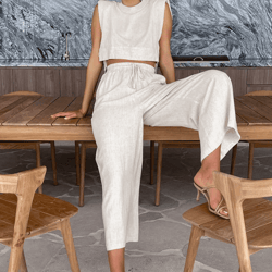 womens linen two piece set crop top and pants summer matching outfit