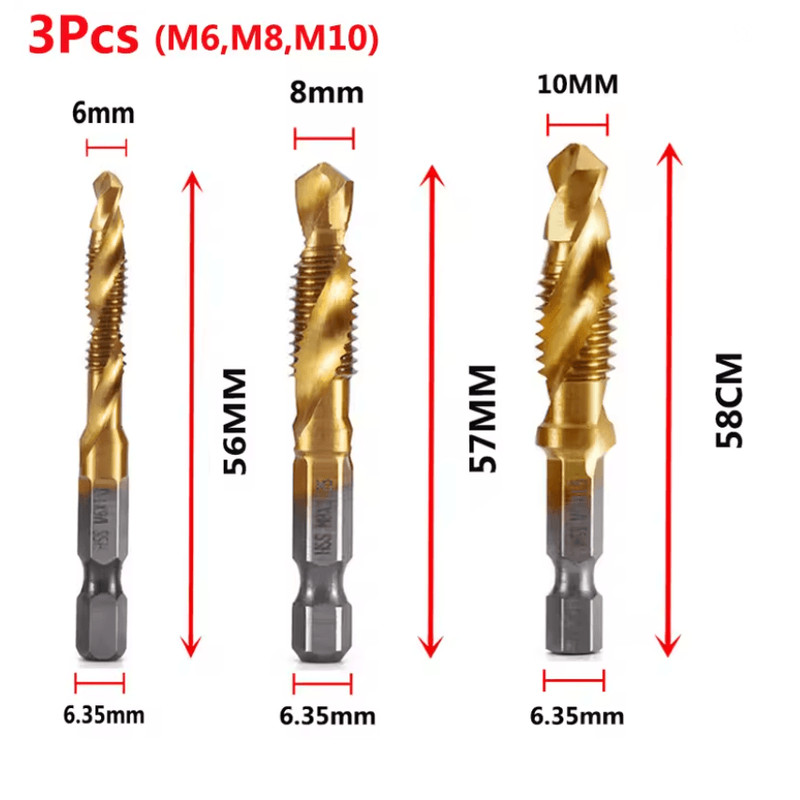 Titanium Metric Tap Drill Bit Set For Hex Shank Power Tools 16