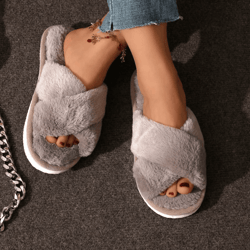 cozy cross strap faux fur slippers for women – warm indoor plush slides