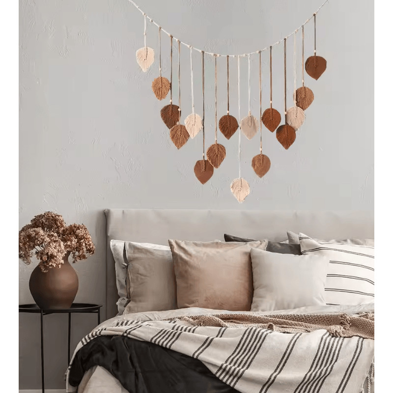 Boho Macrame Leaf Wall Hanging Feather Tapestry Home Decor For Bedroom Or Living Room 2