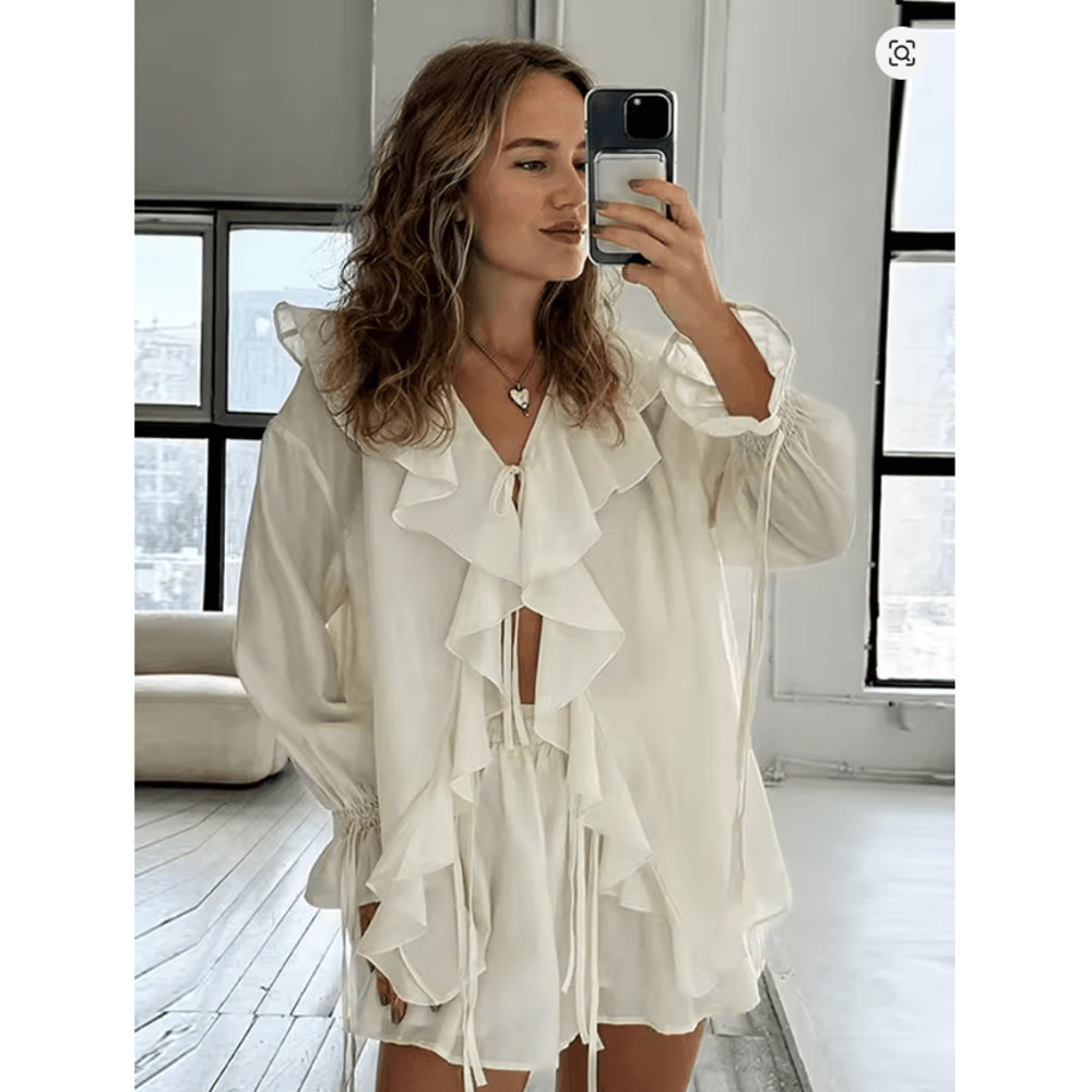 2 Piece Flare Sleeve Shirt And Shorts Set Womens Vacation Beach Outfit 2