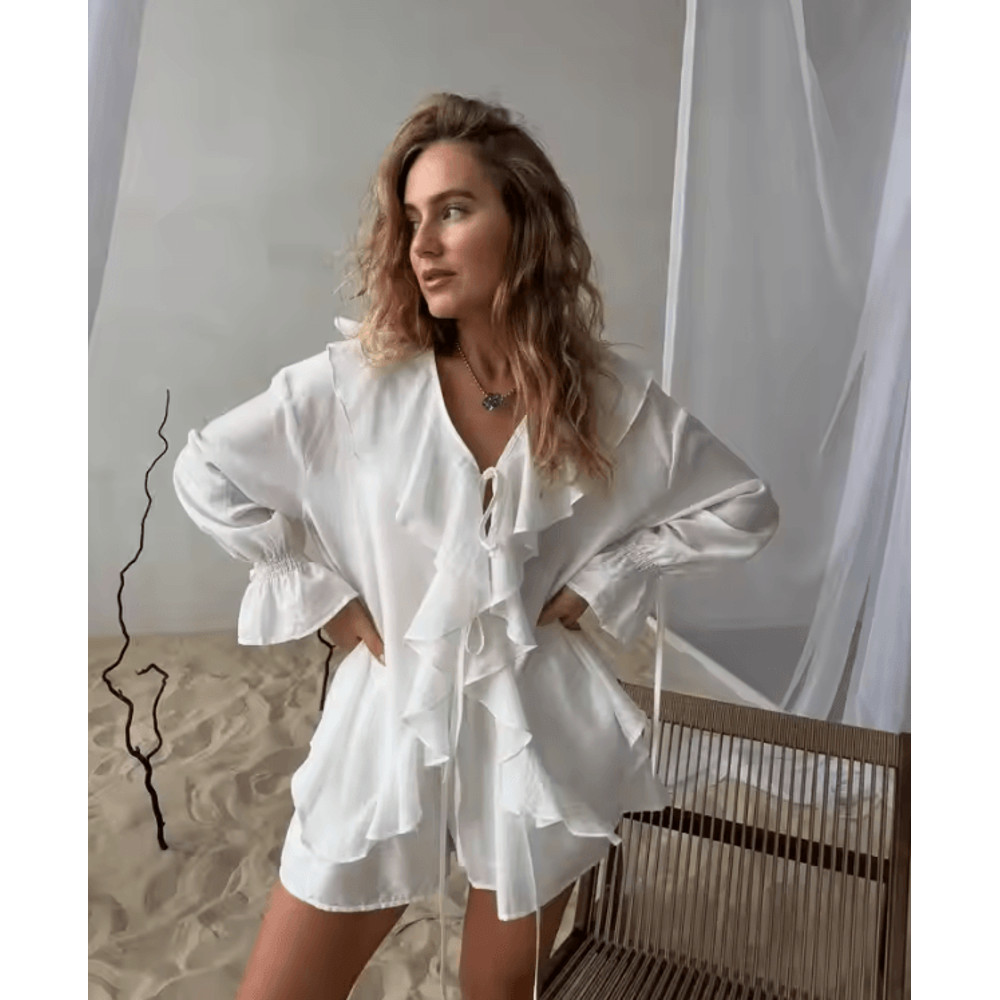 2 Piece Flare Sleeve Shirt And Shorts Set Womens Vacation Beach Outfit 1