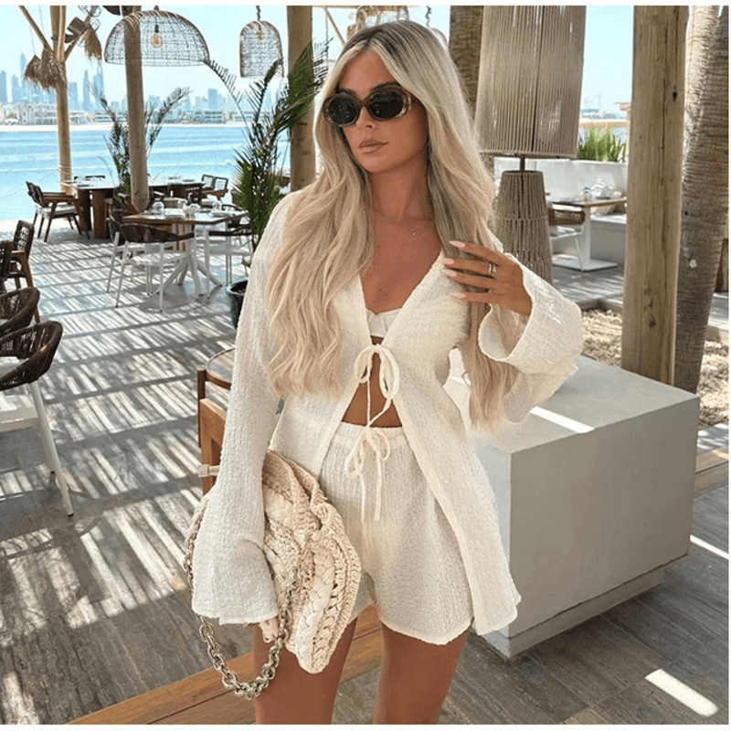2 Piece Flare Sleeve Shirt And Shorts Set Womens Vacation Beach Outfit 0