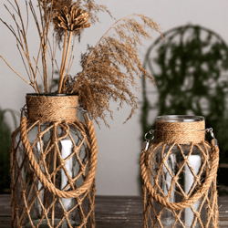 boho glass vase with woven hemp rope – decorative vase for dried flowers and table styling