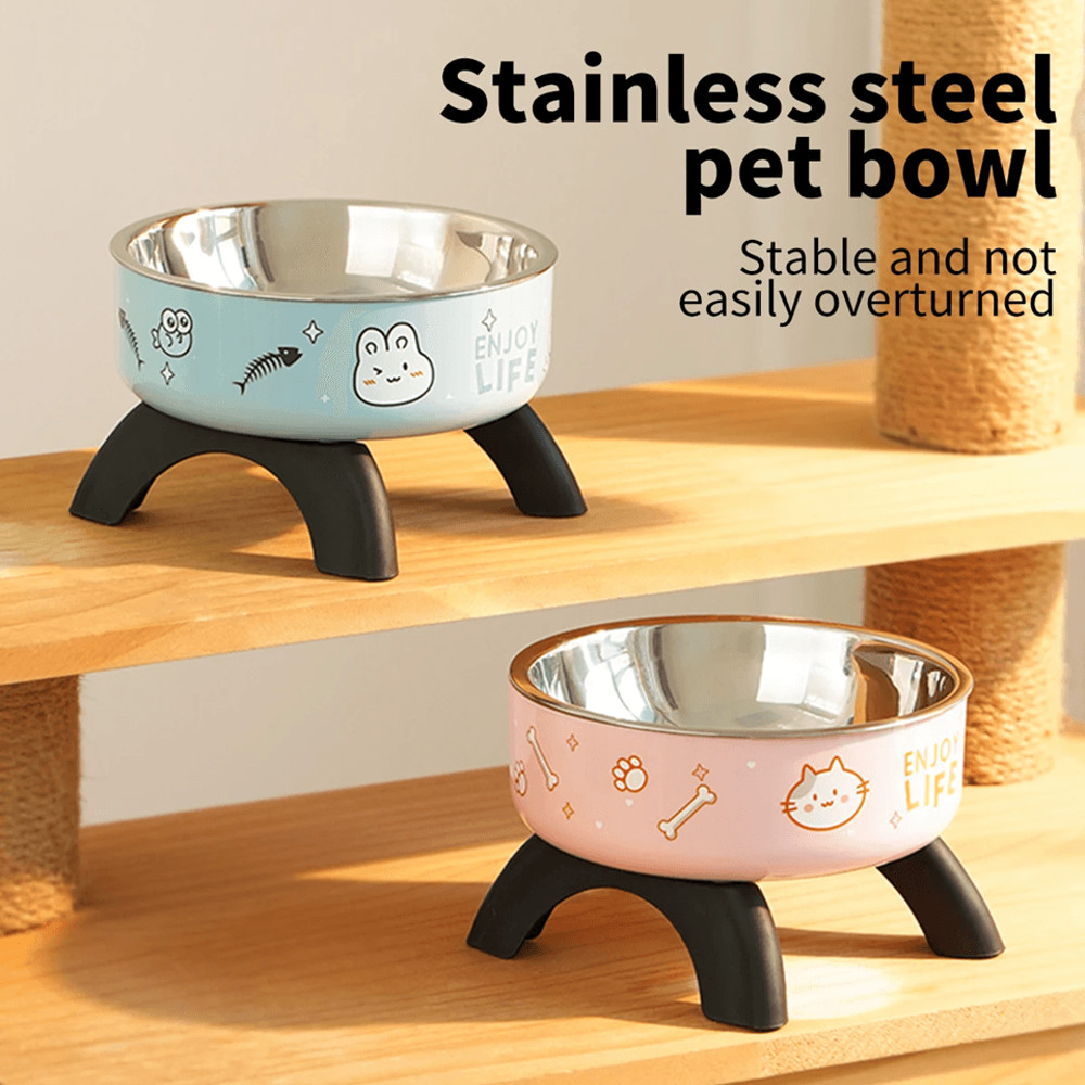 Elevated Stainless Steel Pet Bowl With Cute Print For Dogs And Cats 0