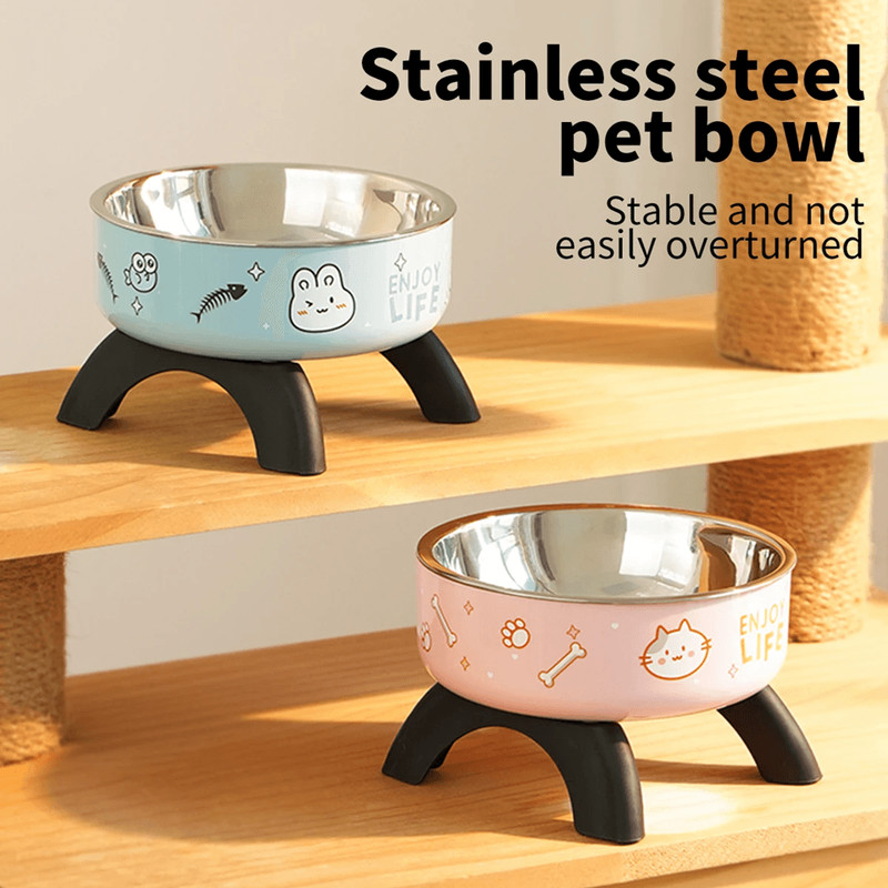 Elevated Stainless Steel Pet Bowl With Cute Print For Dogs And Cats 0