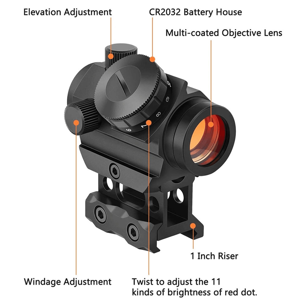 MidTen 2MOA Red Dot Sight 1x25mm Reflex  Waterproof Shockproof FogProof With 1Inch Riser Mount 1