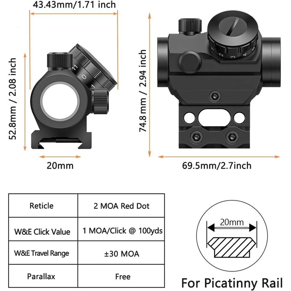 MidTen 2MOA Red Dot Sight 1x25mm Reflex  Waterproof Shockproof FogProof With 1Inch Riser Mount 3