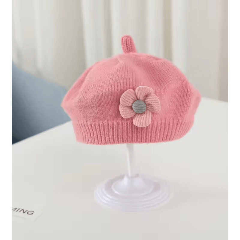 Knitted Baby Beret Hat With Flower Accent Warm Toddler Girl Winter Beanie Cap 7