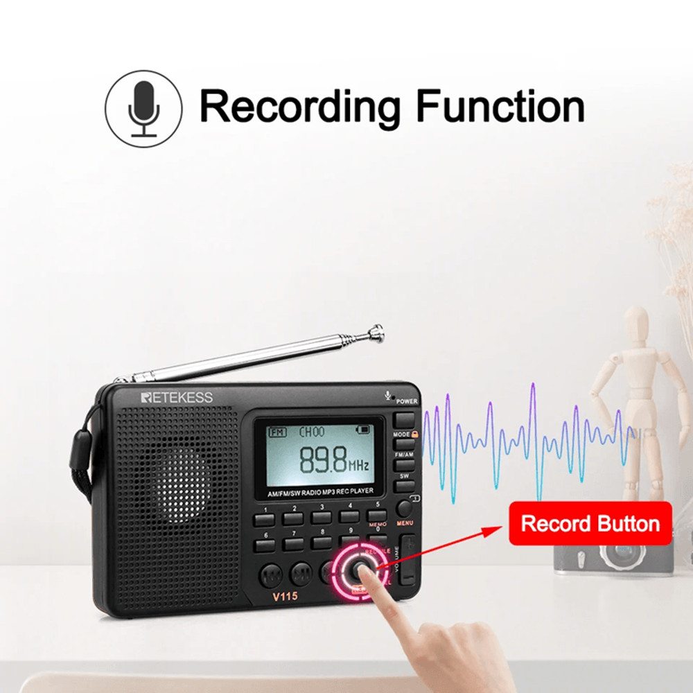RETEKESS V115 Portable Radio With FM AM SW Bands Rechargeable USB MP3 Recorder And Speaker For Hom 2