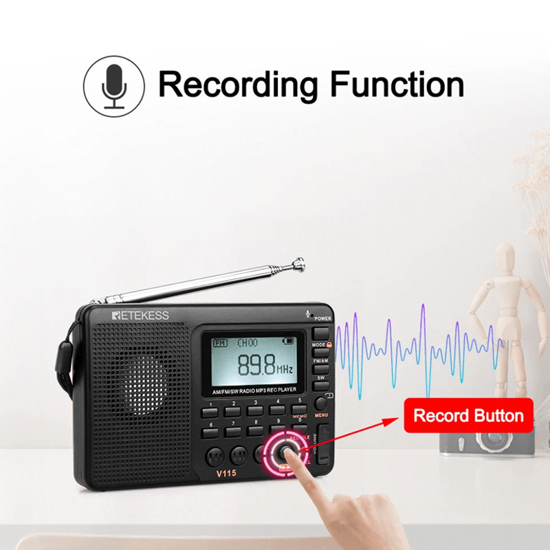 RETEKESS V115 Portable Radio With FM AM SW Bands Rechargeable USB MP3 Recorder And Speaker For Hom 2