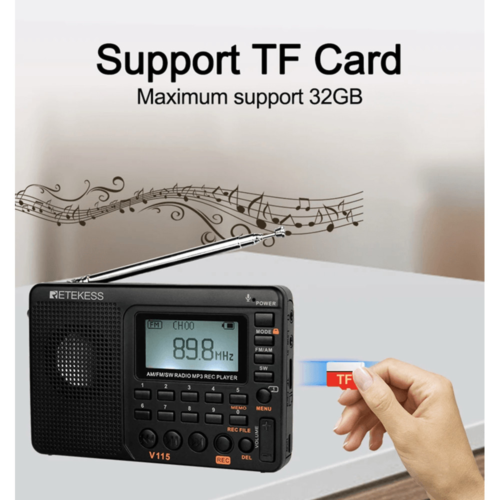 RETEKESS V115 Portable Radio With FM AM SW Bands Rechargeable USB MP3 Recorder And Speaker For Hom 4