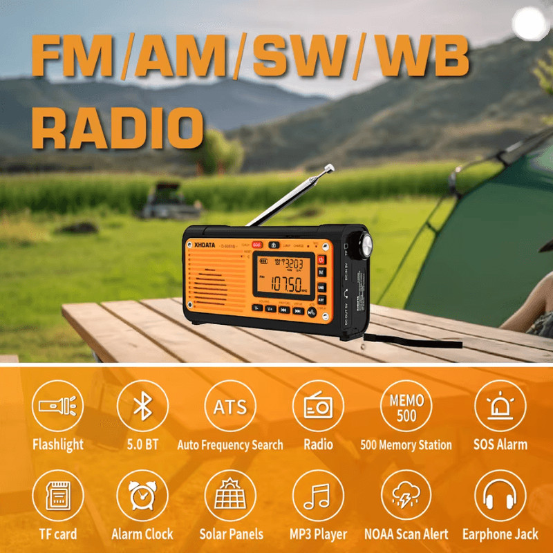 XHDATA D608WB Emergency Weather Radio With Crank Charger Bluetooth And NOAA Alert 1