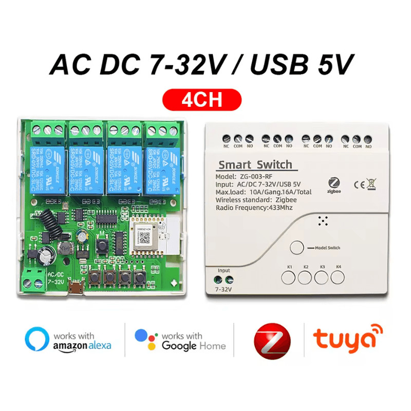 Tuya Zigbee 4Channel Smart Relay Module Dry Contact DIN Rail MultiVoltage 5