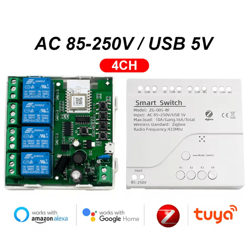 Tuya Zigbee 4Channel Smart Relay Module Dry Contact DIN Rail MultiVoltage 6