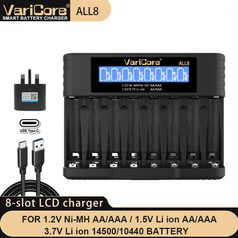 VariCore LCD Fast AA AAA Battery Charger 8 Slot Universal Rechargeable Battery Charger 8