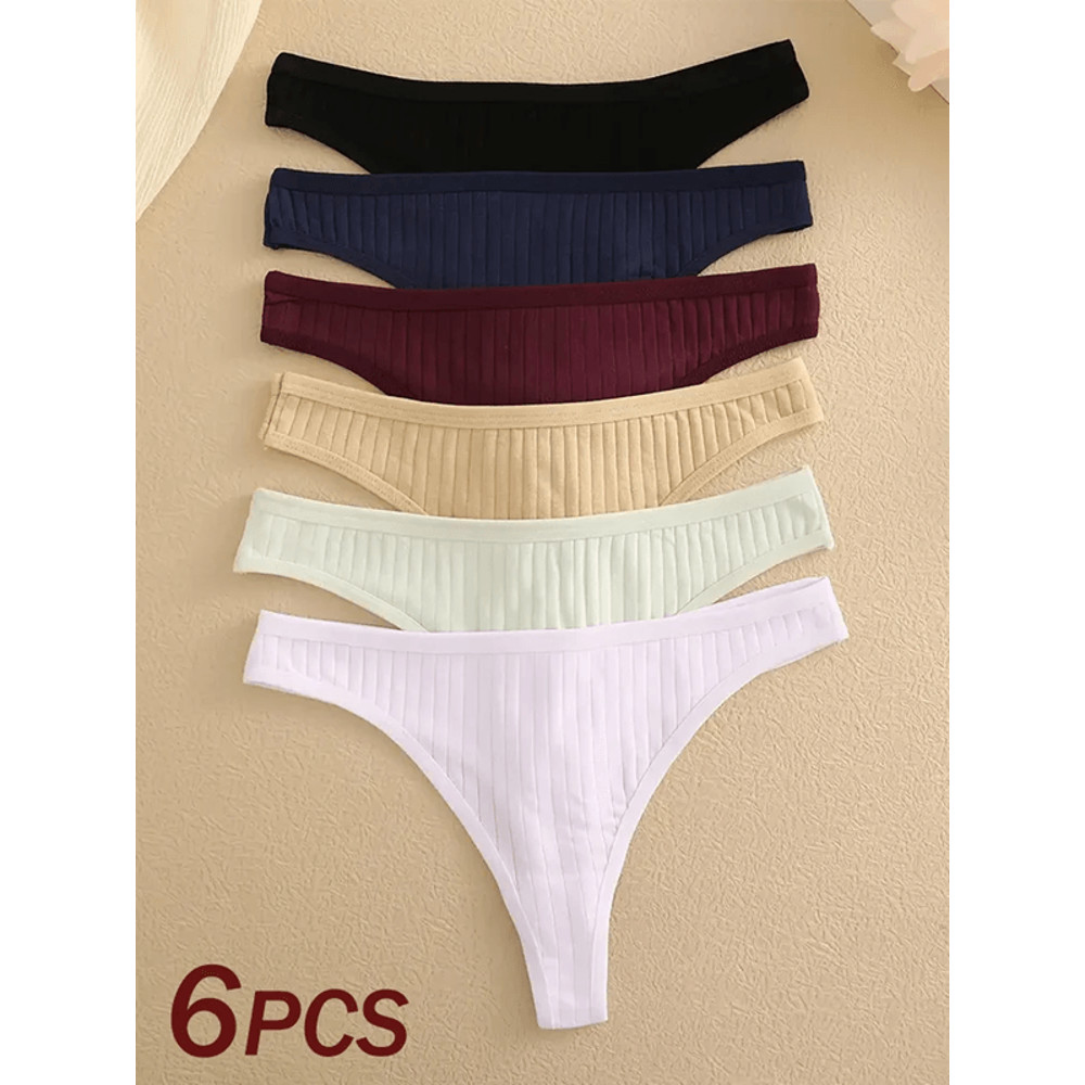 6 Pack Womens Cotton Thongs Ribbed Low Rise G String Bikini Underwear Set 2