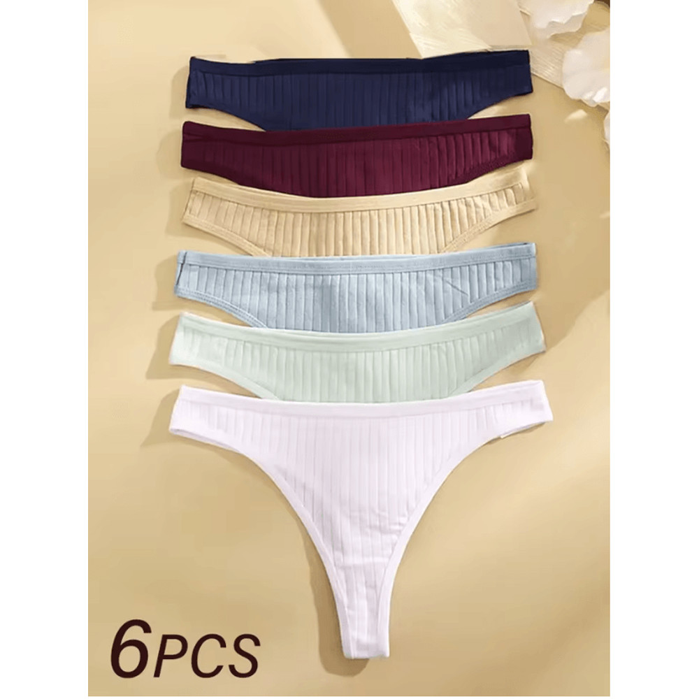 6 Pack Womens Cotton Thongs Ribbed Low Rise G String Bikini Underwear Set 3