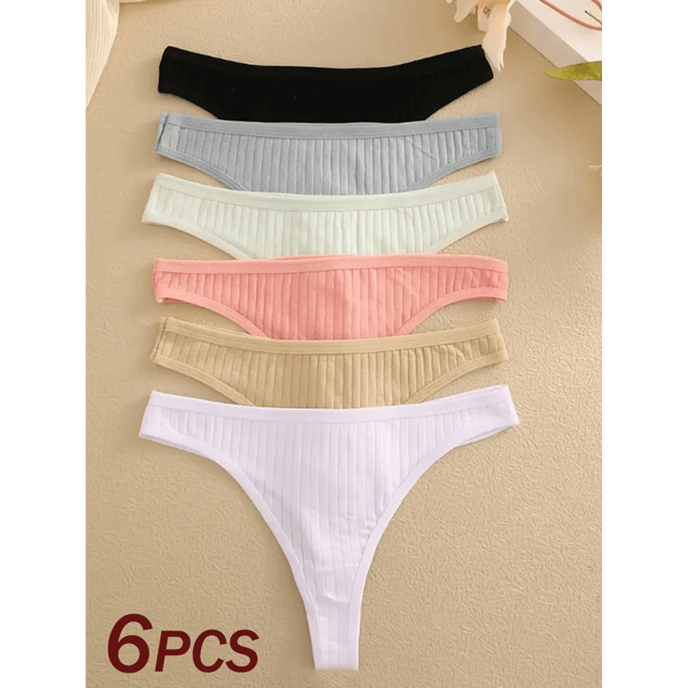 6 Pack Womens Cotton Thongs Ribbed Low Rise G String Bikini Underwear Set 4