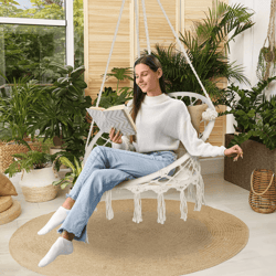 beige hammock chair with cotton rope macrame design for indoor and outdoor use