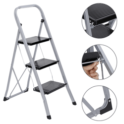 three step folding ladder with handgrip and wide steps for home use