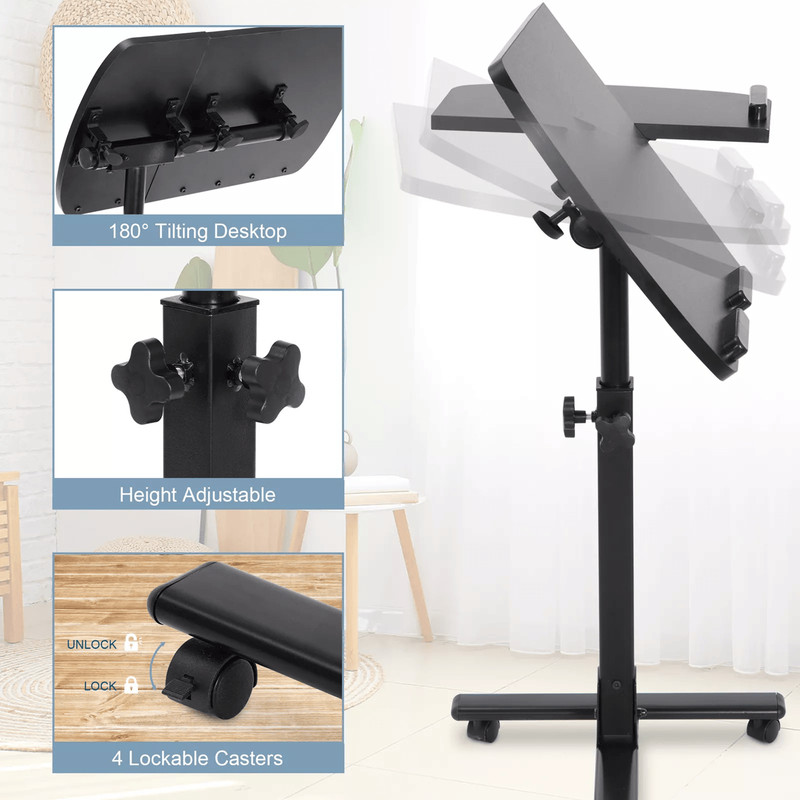 Adjustable Rolling Laptop Desk With Tilting Tabletop And Overbed Design 3