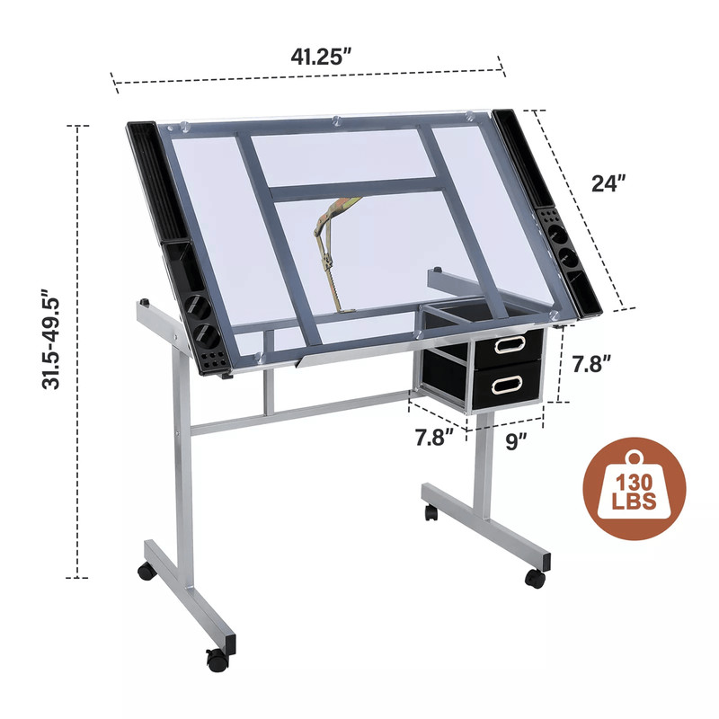 Adjustable Rolling Drafting Table With Tempered Glass Top For Art Craft And Design Workstation 0