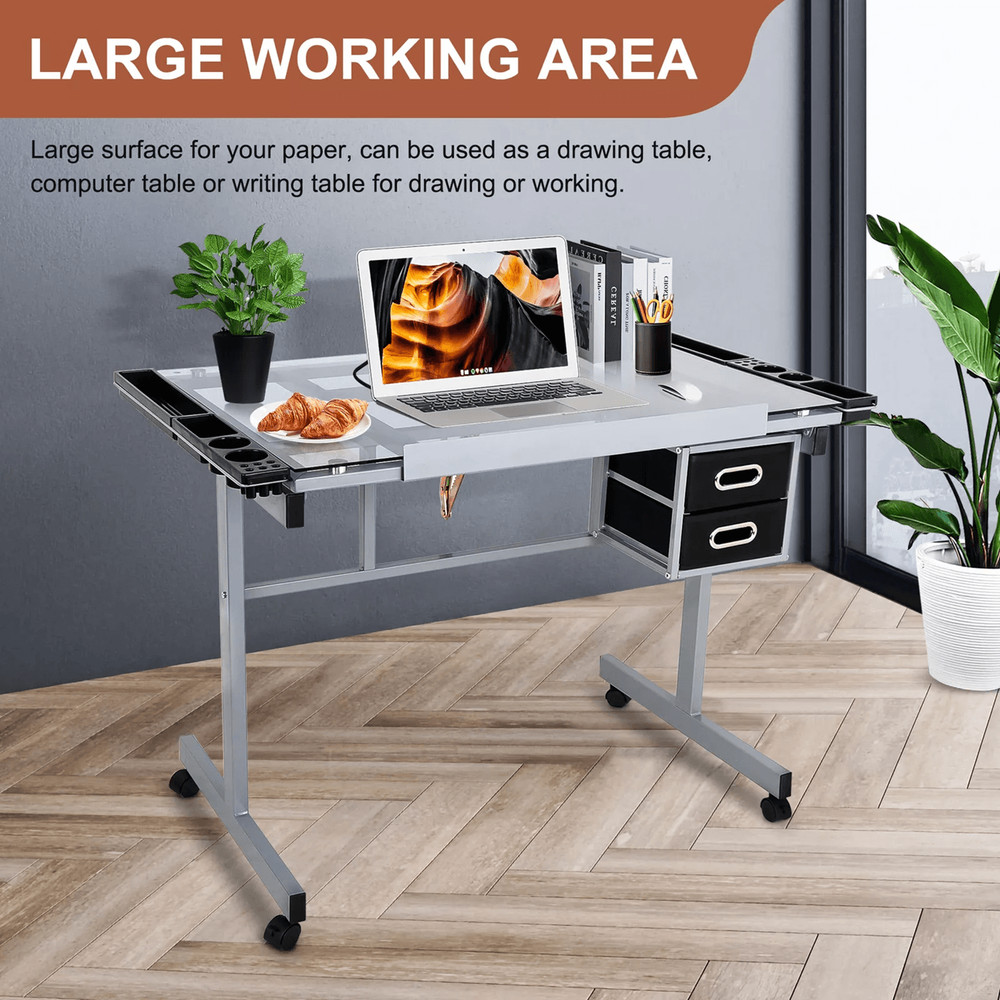 Adjustable Rolling Drafting Table With Tempered Glass Top For Art Craft And Design Workstation 1
