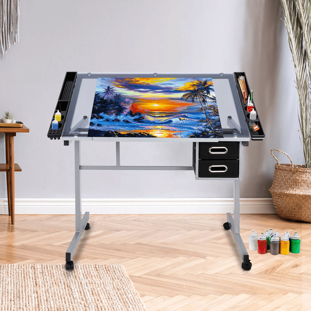 Adjustable Rolling Drafting Table With Tempered Glass Top For Art Craft And Design Workstation 8