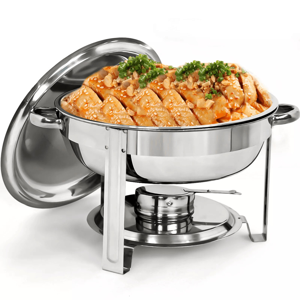 5 Quart Stainless Steel Round Chafing Dish For Buffet Catering With Full Size Food Tray And Lid 0