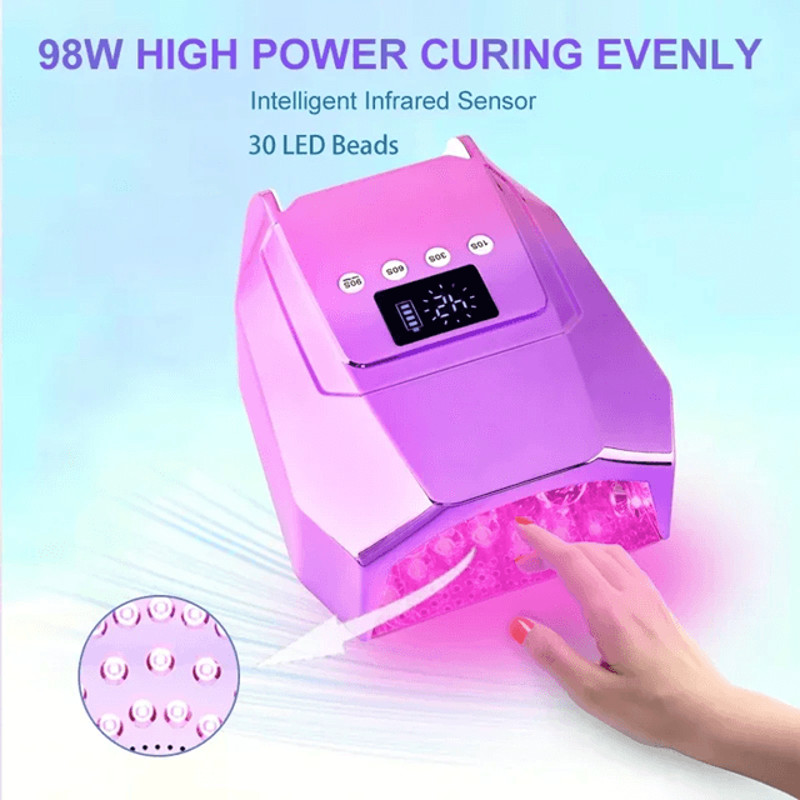 98W Cordless UV LED Nail Lamp  FastCuring Gel Dryer With Mirror Finish 1