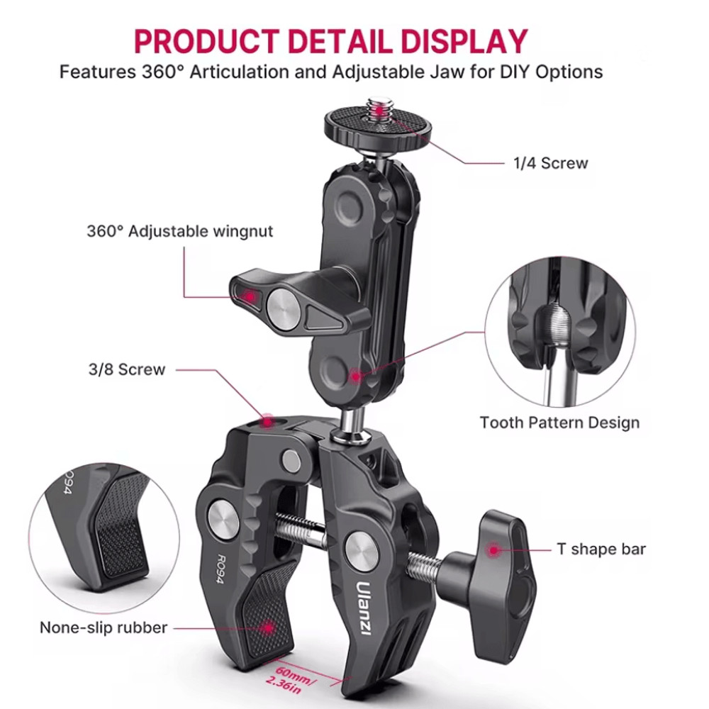 Ulanzi R094 Metal Super Clamp With Double Ball Head Arm For Camera Monitor And Mic Mount 1