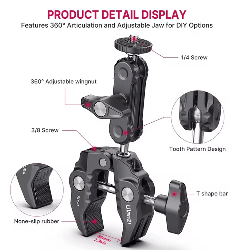 Ulanzi R094 Metal Super Clamp With Double Ball Head Arm For Camera Monitor And Mic Mount 1