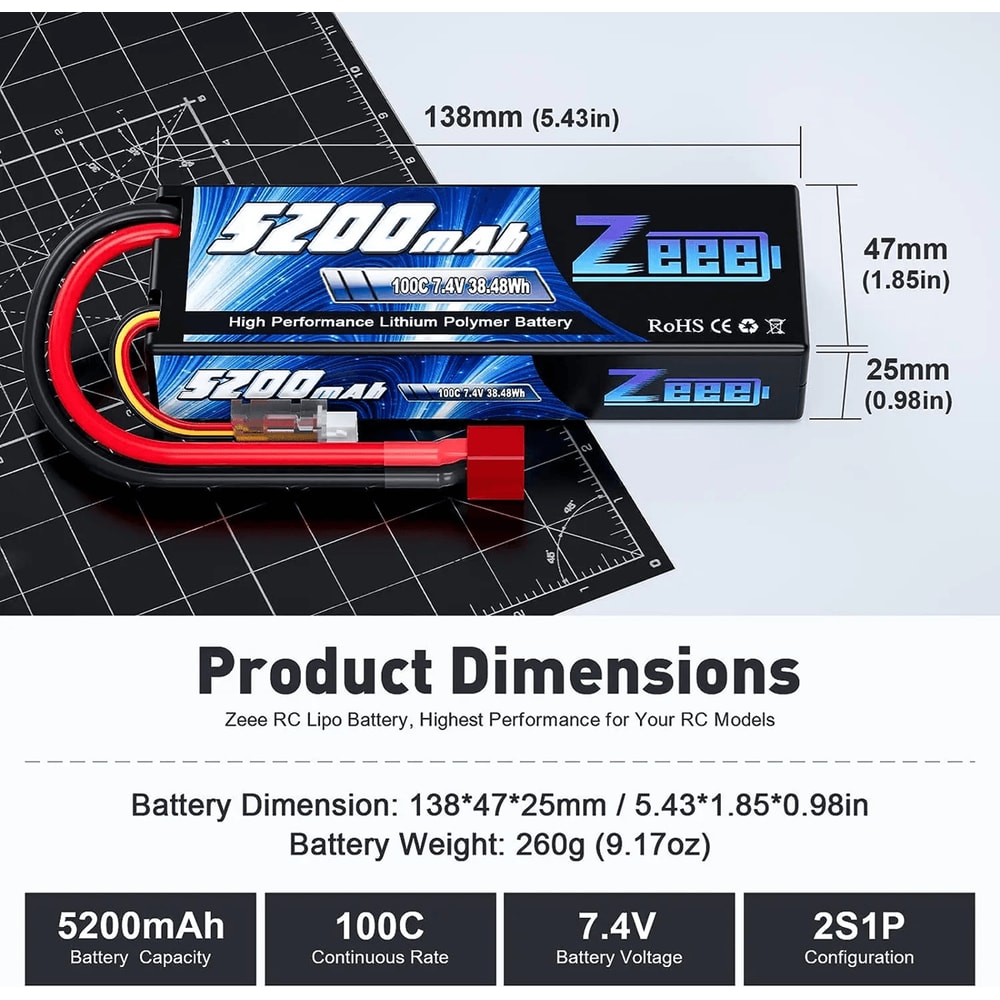 Zeee 2S 74V 100C LiPo Battery Pack With Deans Connector For RC Racing Vehicles 2
