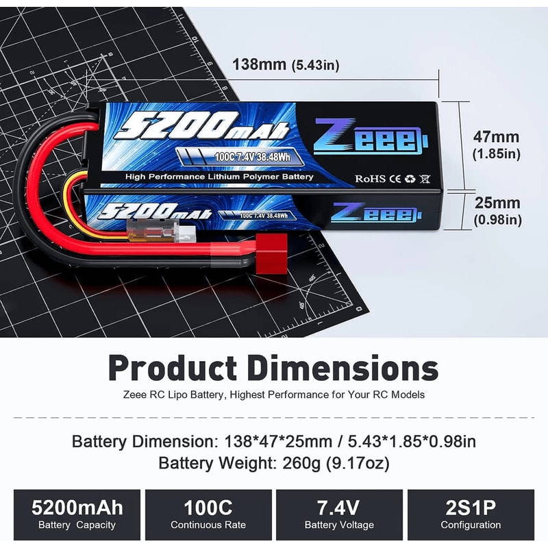 Zeee 2S 74V 100C LiPo Battery Pack With Deans Connector For RC Racing Vehicles 2