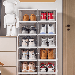 6 layer stackable shoe storage box with transparent doors for sneaker and high top organization