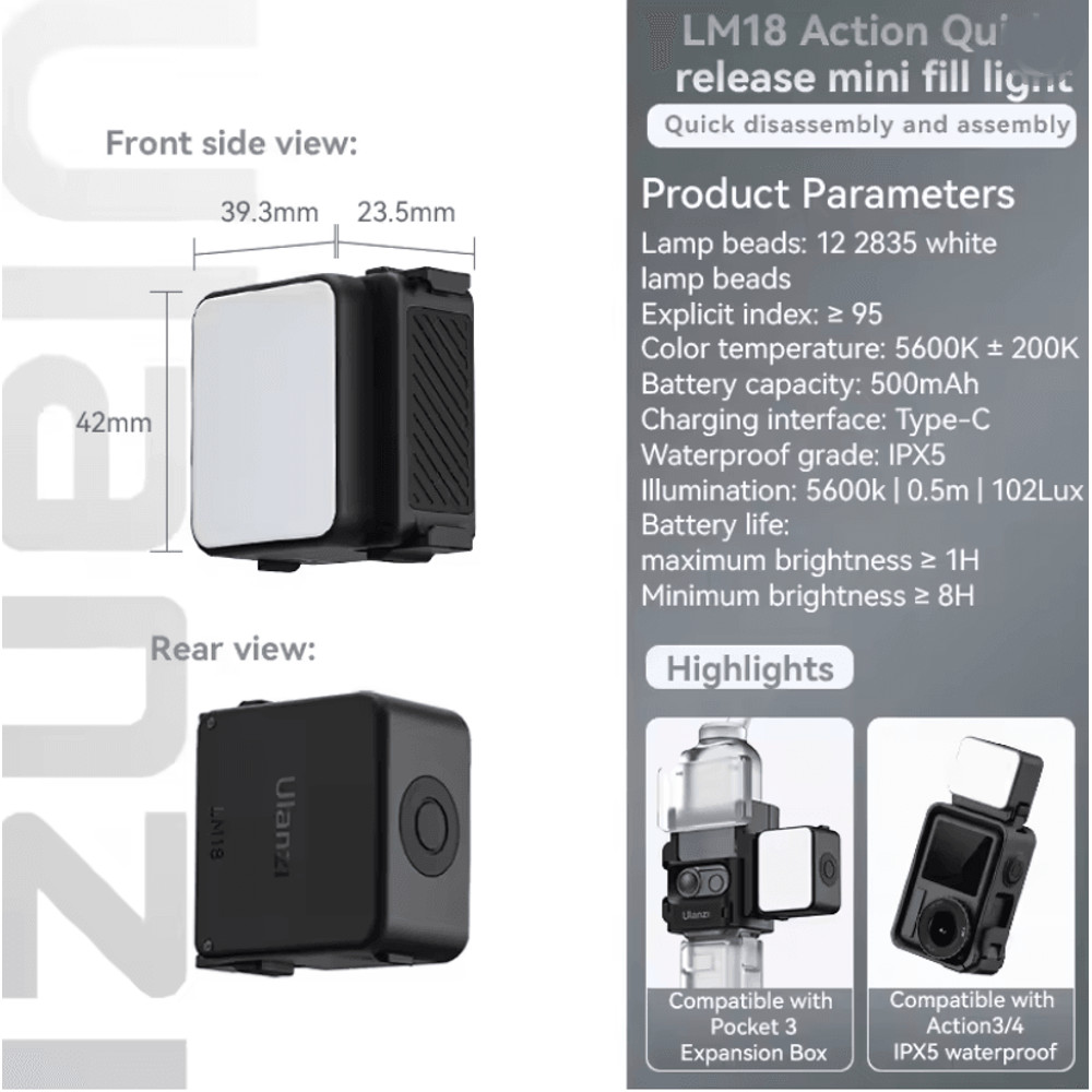 Ulanzi LM18 Waterproof LED Video Light For Action Cameras And Underwater Filming 0