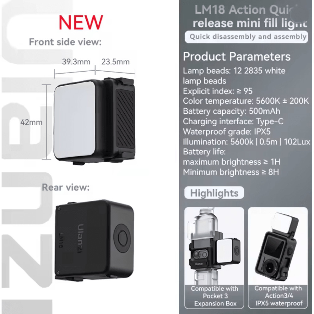 Ulanzi LM18 Waterproof LED Video Light For Action Cameras And Underwater Filming 1