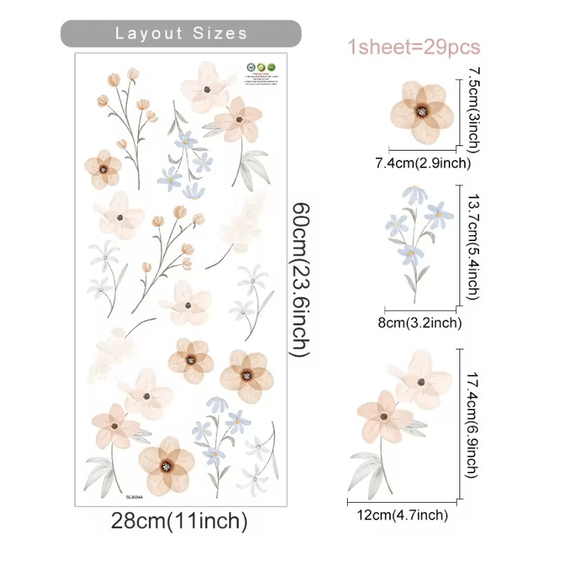 Boho Watercolor Flower Wall Decals Removable EcoFriendly Floral Stickers For Bedroom And Living Ro 9