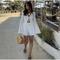 White Lace V Neck Flare Sleeve Matching Shirt And Shorts Set 2