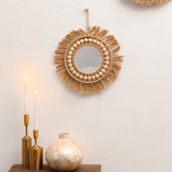 handwoven round wall mirror boho hanging decor for bedroom living room or entryway