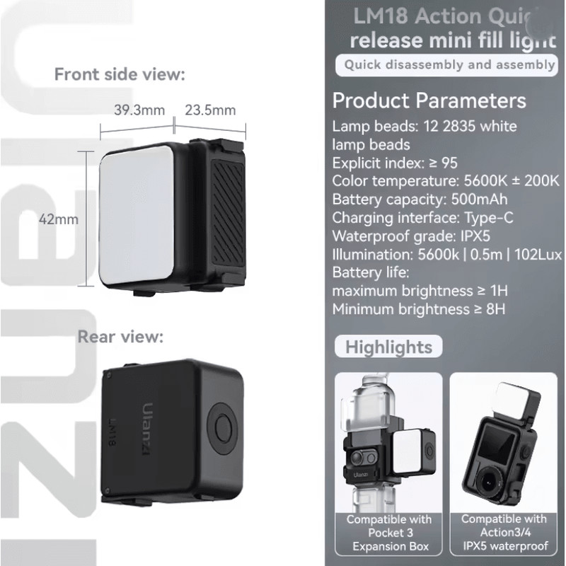 Ulanzi LM18 Waterproof LED Fill Light For Action Cameras 1