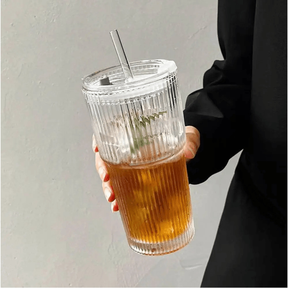 SleekStripe 600 Ml Striped Glass Coffee And Drink Tumbler 3