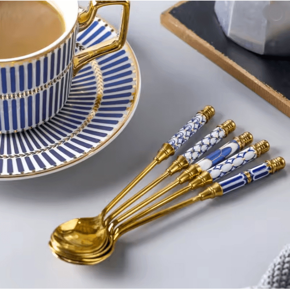 Gold Dessert Spoon With Ceramic Handle For Coffee And Ice Cream Stirring 0