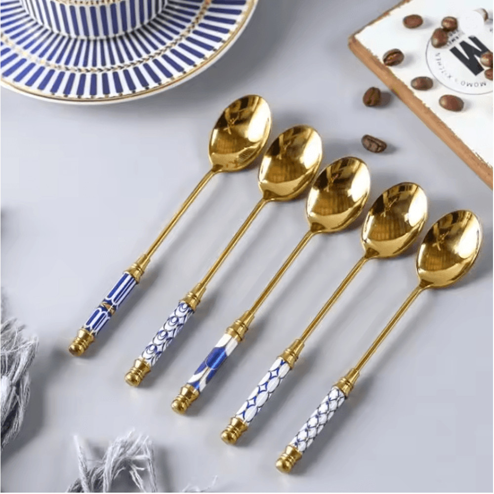 Gold Dessert Spoon With Ceramic Handle For Coffee And Ice Cream Stirring 1