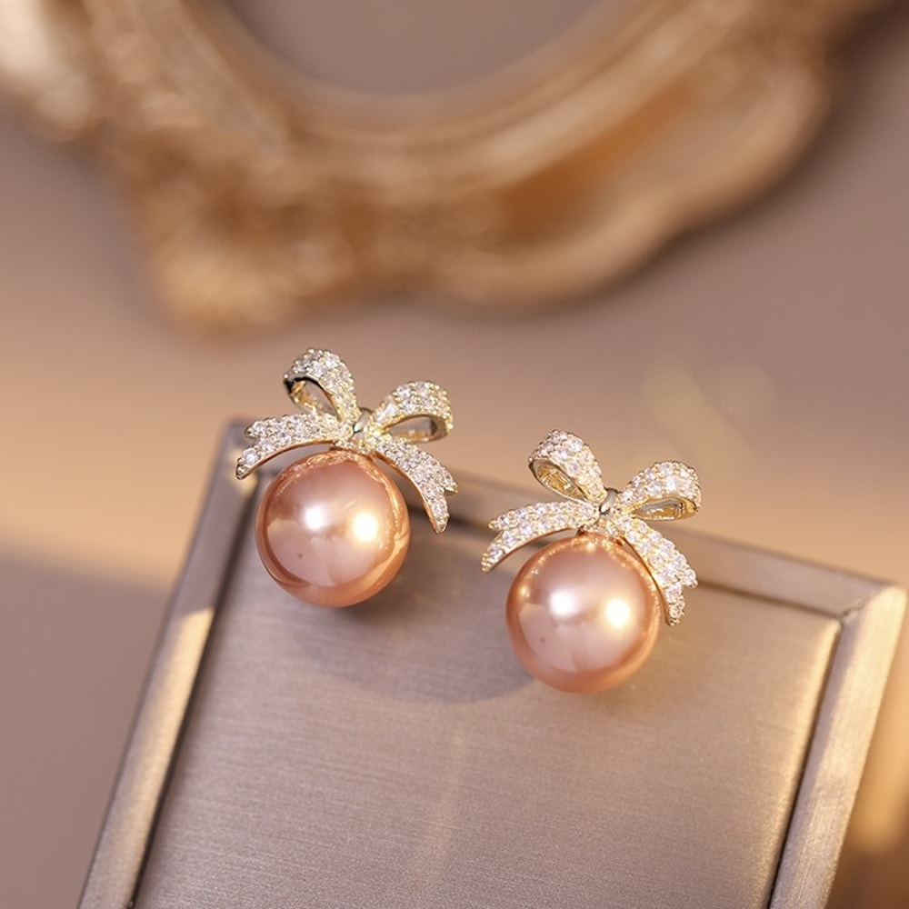 Sparkling Rhinestone Bow Pearl Stud Earrings, Light Luxury Fashion Jewelry for Women,Elegant Wedding & Birthday Gift