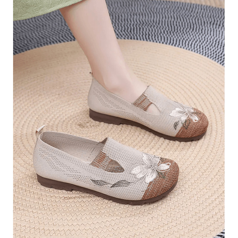 BreezeWalk Womens Embroidered Breathable Mesh Flats Soft Sole Anti Slip Summer Shoes 0