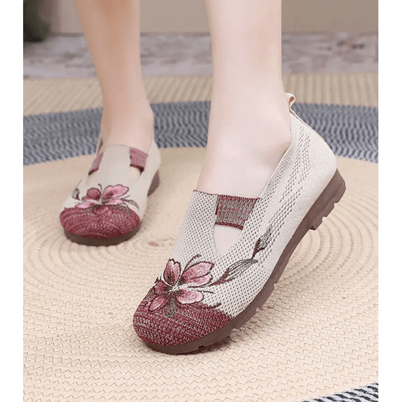 BreezeWalk Womens Embroidered Breathable Mesh Flats Soft Sole Anti Slip Summer Shoes 1